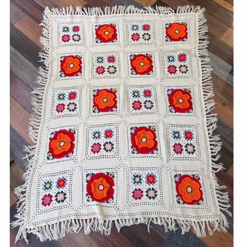 Vintage Handmade Crochet Floral Granny Square Afghan Blanket Cream Orange 72x58